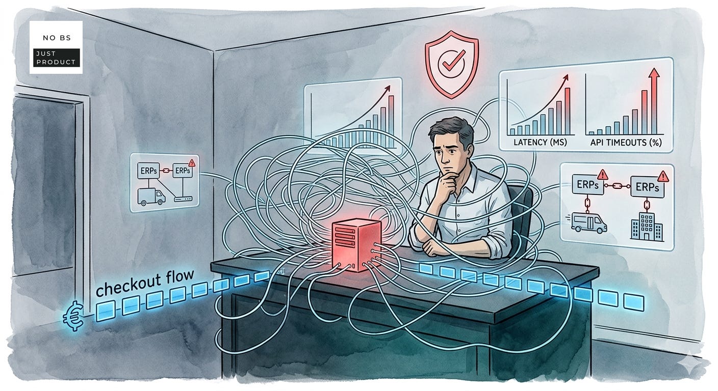 This image visually interprets the "Tech Stack Prison." It shows a single figure (representing a Tax Director trying to build alone) overwhelmed by a chaotic, tangled mess of glowing red and blue lines. These lines represent hardcoded, synchronous logic. A "floating hologram" in the background displays a bar chart with spikes labeled as latency and API errors, showing that this architecture is actively blocking business data flows. The watercolor washes are heavy on the slate grey to emphasize frustration.
