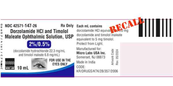dorzolamide glaucoma eye drops recall august 2026
