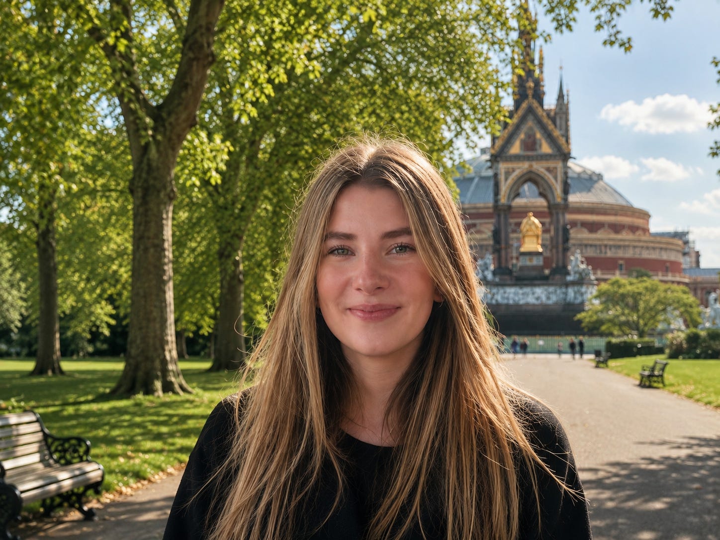 Portrait photograph of Sofia standing in front of the Royal Albert Hall in London, surrounded by greenery on a sunny day, capturing a calm and professional moment in the city.