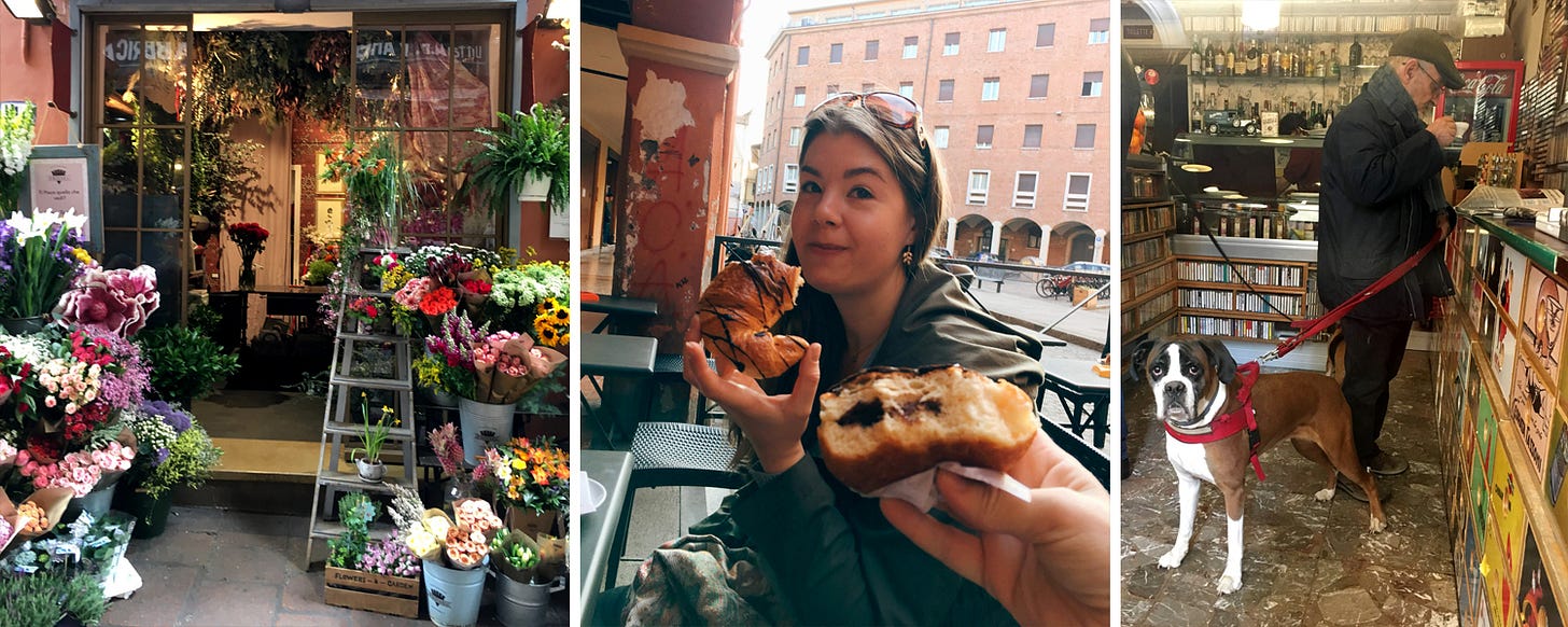 L-R: A flower shop, Eating cornetti and bombalone with Louise, Un cane molto buono