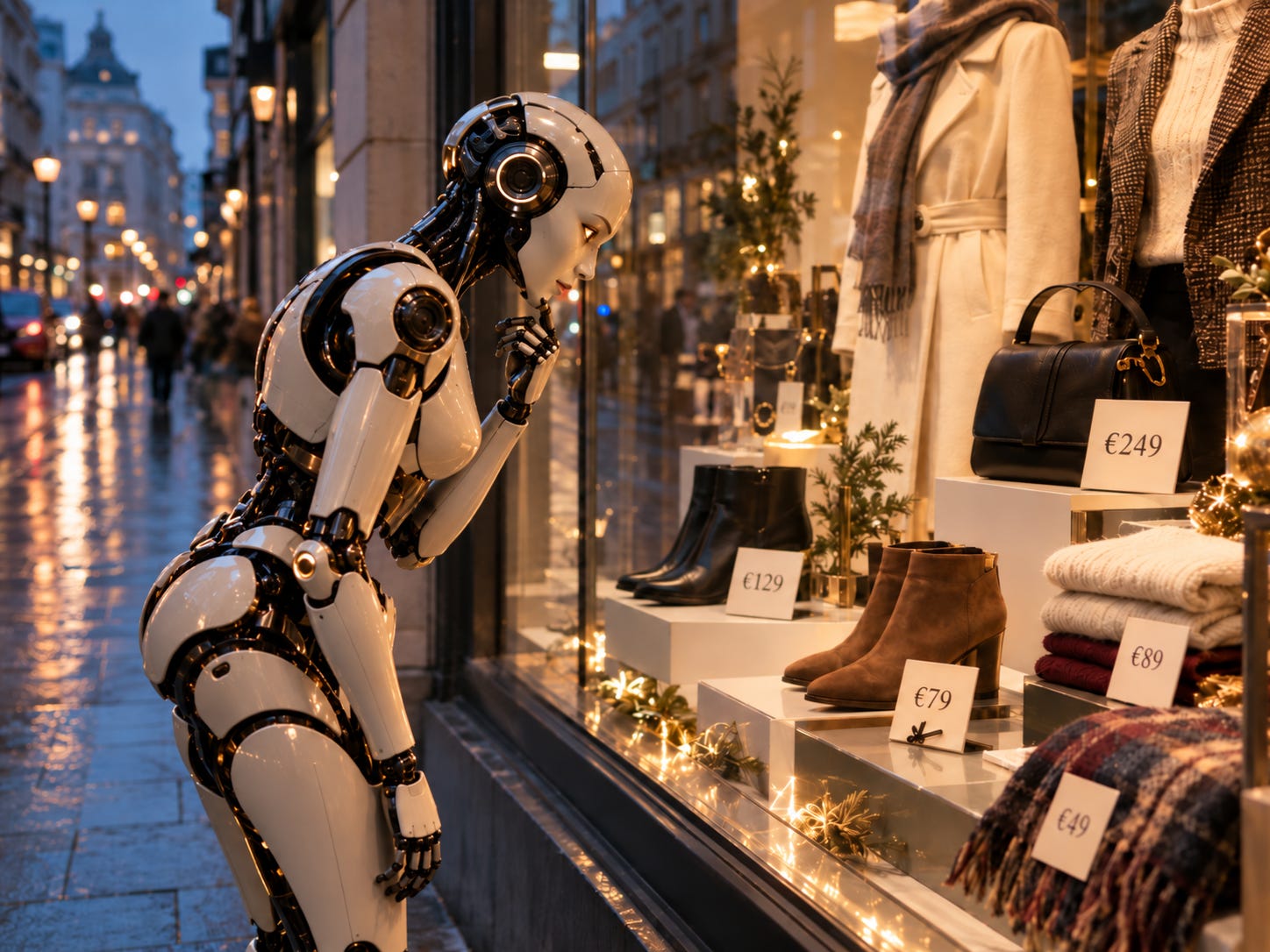 Robot leans toward a shop window, closely examining visible product prices. Robot leans toward a shop window, closely examining visible product prices.