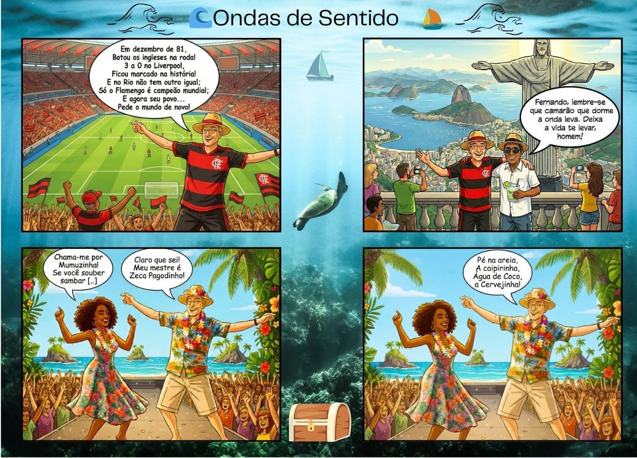 Fernando Pessoa: de Lisboa ao Rio de Janeiro. É confundido com Exu e conversa com Machado de Assis. Vai ao Cristo; Zeca ensina-lhe o samba como um guia xamânico. Assiste ao Flamengo no Maracanã e prova o mel brasileiro, Mumuzinho. Dança, samba e ri.