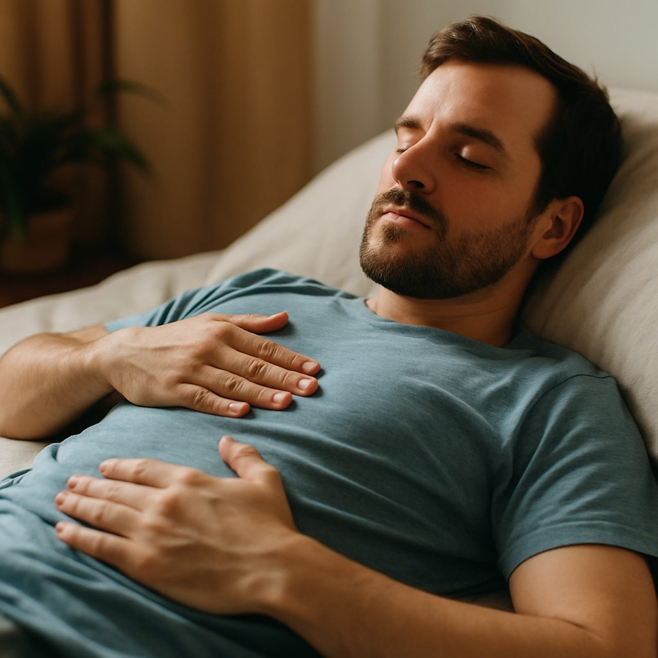 Un homme allongé, les yeux fermés, une main sur la poitrine l'autre sur le ventre. Il médite en écoutant Respirer le ventre mou