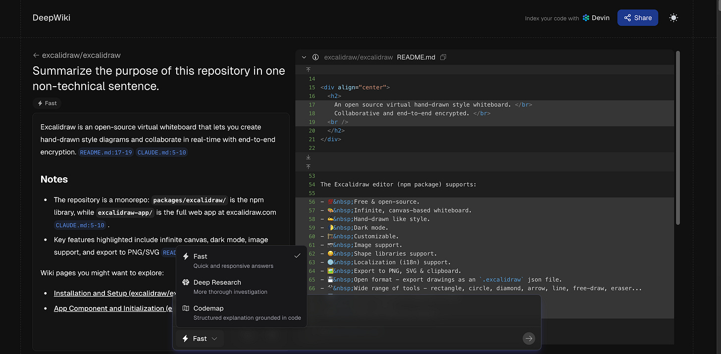 Screenshot of the DeepWiki interface showing a project summary on the left and the relevant code file on the right.