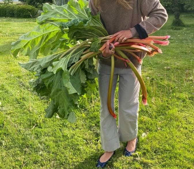 This may contain: a woman is holding a large bundle of vegetables in her hands while standing on the grass This may contain: a woman is holding a large bundle of vegetables in her hands while standing on the grass