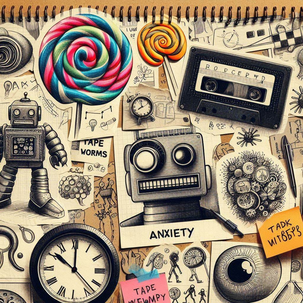 a scrapbook style collage of newspaper and magazine clippings featuring tape worms and lollipops, sketched robots, anxiety, clocks, and post it notes