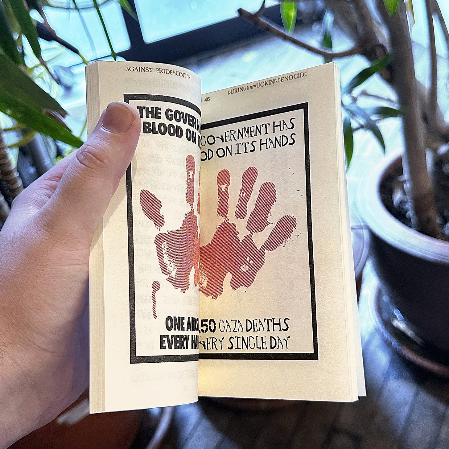 Be Oakley, Against Pride Month During a Fucking Genocide – Manifesto, (risograph printed medium blue, flat gold, raspberry, and black), Copy edited by Yvonne LeBien, GenderFail Press, Ridgewood, NY, 2025