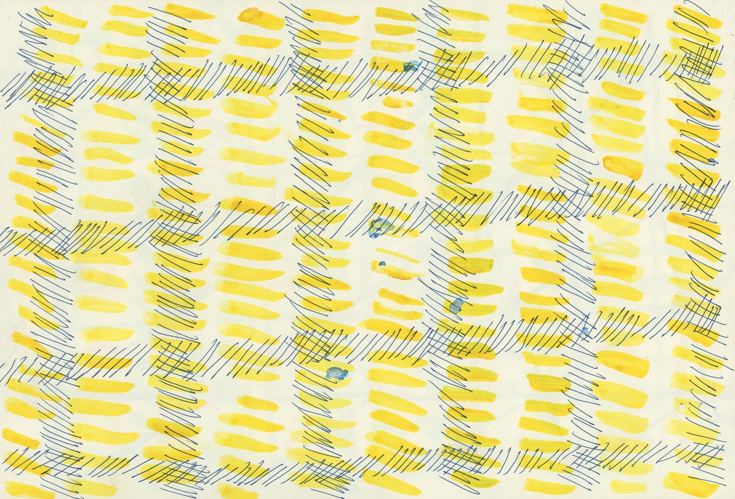A landscape image of a pattern drawn with watercolors and pen. Yellow columns are formed by watercolor brush strokes. Every other column features a pen overlay of thinner, black, horizontal lines drawn with pen. The appearance of a grid is formed by a series of horizontal pen strokes and horizontal lines made up of short vertical pen strokes. 