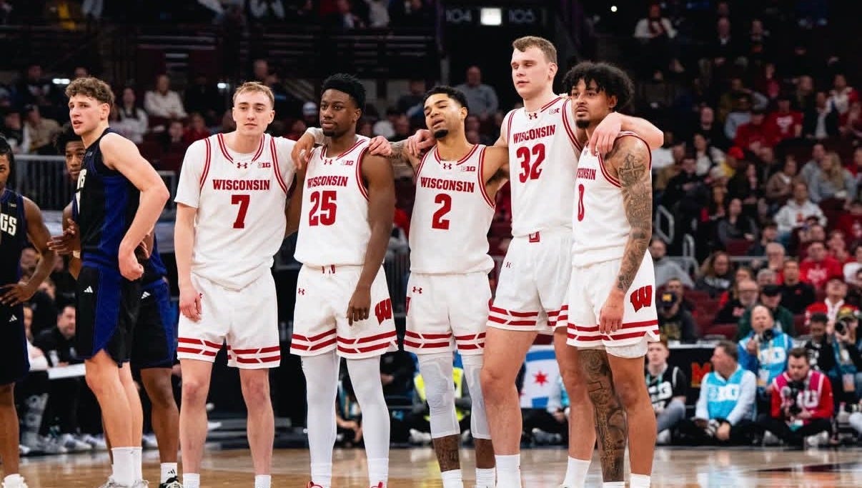 Wisconsin Badgers players Nick Boyd, John Blackwell, Aleksas Bieliauskas, Braeden Carrington and Andrew Rohde stand together at midcourt during the Big Ten Tournament. Wisconsin Badgers players Nick Boyd, John Blackwell, Aleksas Bieliauskas, Braeden Carrington and Andrew Rohde stand together at midcourt during the Big Ten Tournament.