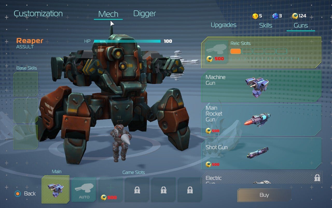 A screenshot of the Customization Hub of Ocean Keeper, showing the default mech and diver
