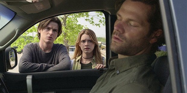 Walker Cordell fast asleep in drivers seat while Augie and Stella watch sadly. Walker Cordell fast asleep in drivers seat while Augie and Stella watch sadly.