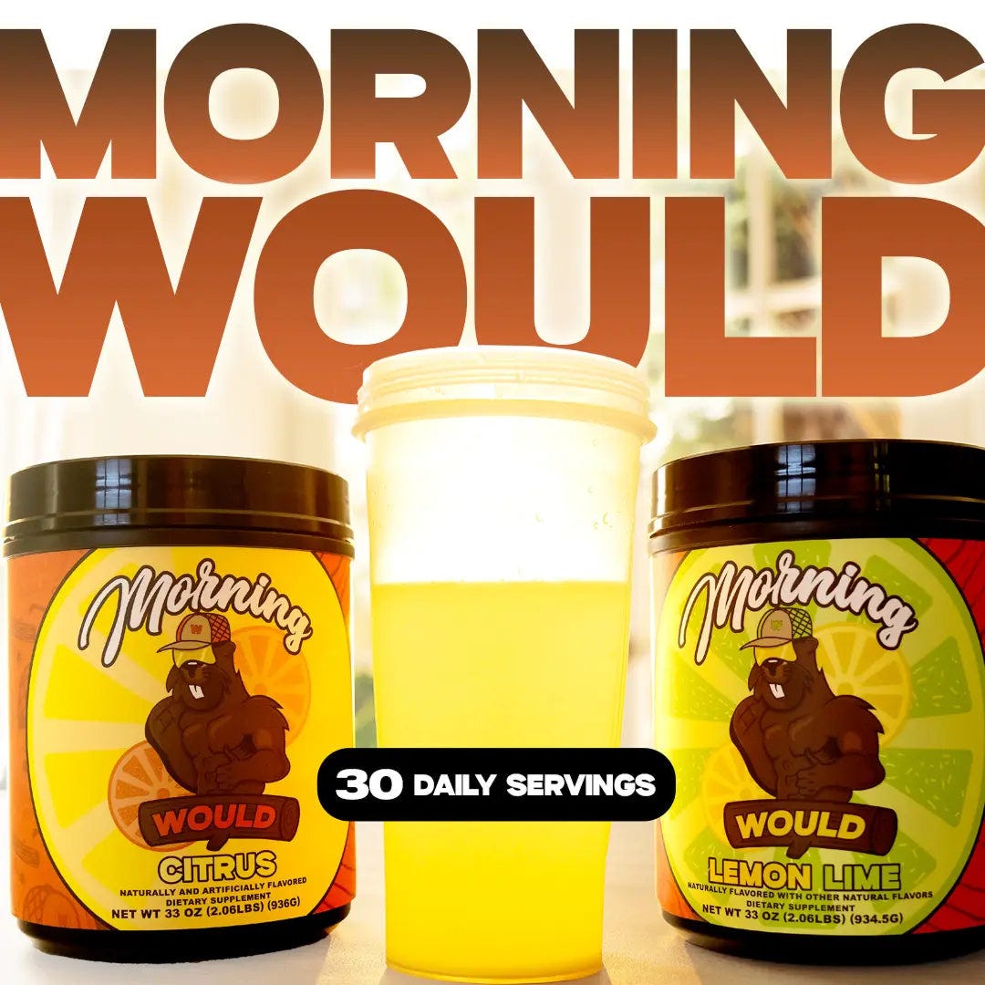 Three containers of 'Morning Would' supplements with citrus and wood background. Three containers of 'Morning Would' supplements with citrus and wood background.