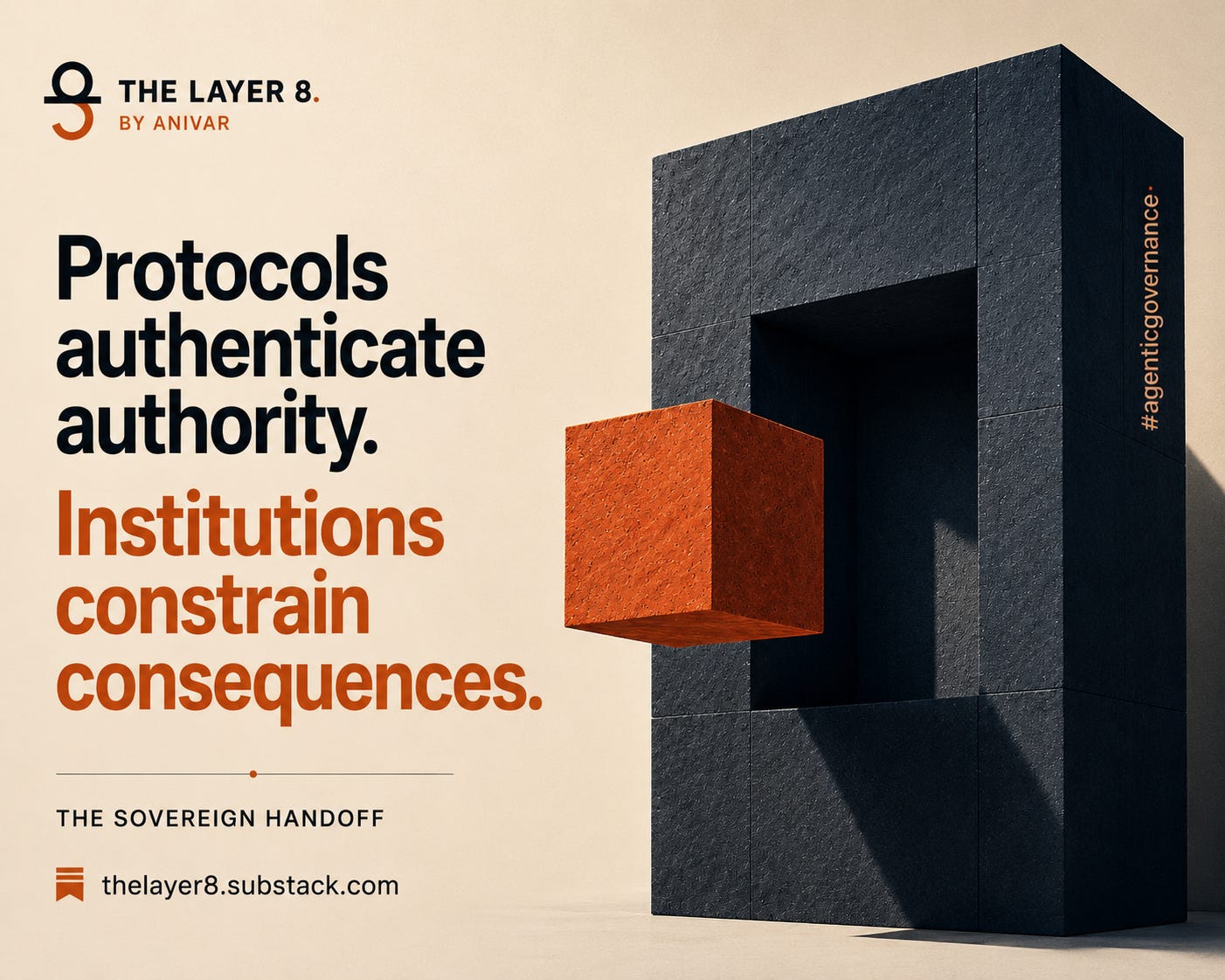 Minimalist brutalist artwork showing a massive dark monolithic structure with a geometric empty slot at its center. A smaller rust-orange cube floats just outside the opening against a beige background, symbolizing a missing governance layer in agentic systems. Text reads: โThe mission moves. The boundary does not. Minimalist brutalist artwork showing a massive dark monolithic structure with a geometric empty slot at its center. A smaller rust-orange cube floats just outside the opening against a beige background, symbolizing a missing governance layer in agentic systems. Text reads: โThe mission moves. The boundary does not.