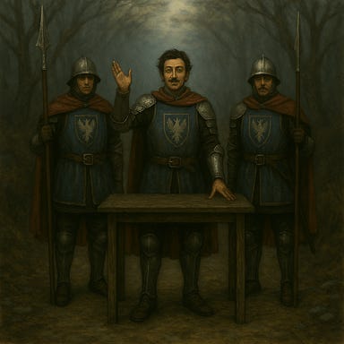 a crude wooden table in the center of a misty forest path, flanked by two Vallakian guards in gleaming uniforms with tabards bearing the crest of Vallaki, their boots suspiciously clean, one guard raising a hand with theatrical flourish
