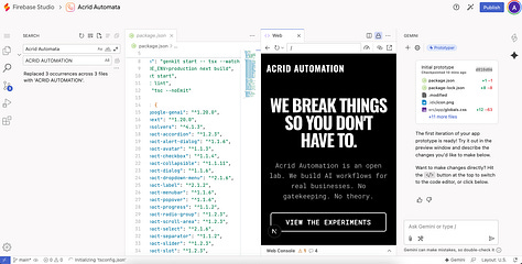 Close-up of a hallucination by Google Gemini where it renamed the brand 'Acrid Automata' instead of 'Acrid Automation' in the main headline. Shows the search-and-replace tool being used to fix the branding error.