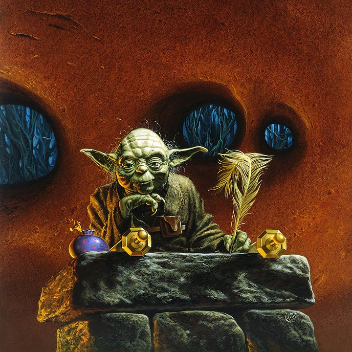 LEFT: Detail from YOURS TRULY featuring Yoda sitting with chin resting on the back of his hand. His chubby fingers end with curling talons, but he stares at the reader directly with a warmth radiating from his round, wizened face. Wrinkles line his face, not singular creases but layered like strata over his eye lids and forehead. His long ears point outward at different angles. Filaments of hair catch the light. A scroll is rolled out on his desk. His other hand rests on a scroll rolled out on his desk as if he's paused his writing to acknowledge our presence. RIGHT: Figure detail from YOURS TRULY featuring Yoda sitting at a stone table in his hut on Dagobah. He rests his chin upon the back of his hands as he holds a feathered quill in his other hand, prepared to write on the scroll rolled out in front of him. A decorative inkwell, purple with pink polkadots, sits on the corner of the slab.