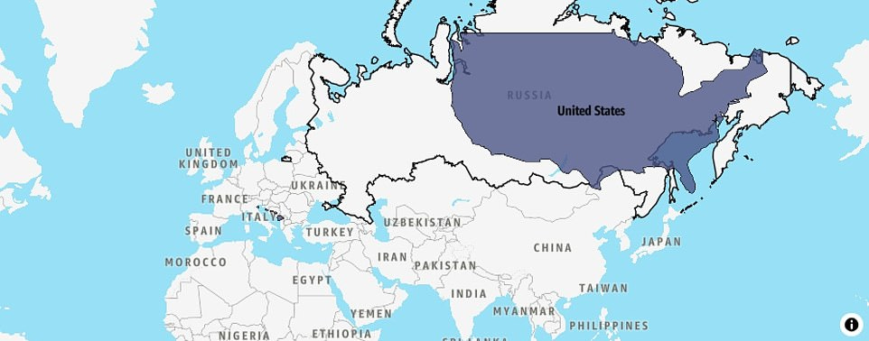 Russia is vast, covering 17,098,242 sq km, making it 1.7 times bigger than the United States (shown here minus Alaska) Russia is vast, covering 17,098,242 sq km, making it 1.7 times bigger than the United States (shown here minus Alaska)