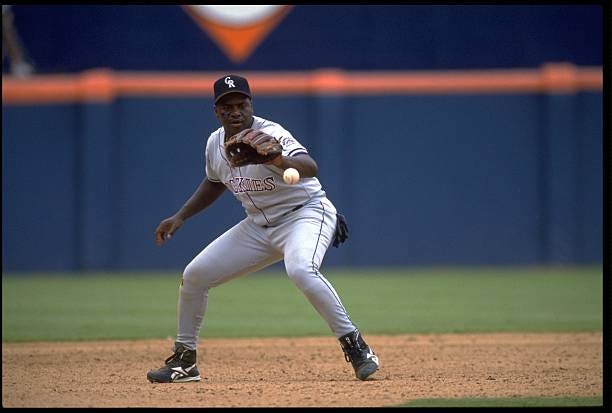 CHARLIE HAYES, THIRD BASEMAN FOR THE COLORADO ROCKIES, MAKES A PLAY AGAINST THE SAN DIEGO PADRES AT JACK MURPHY STADIUM IN SAN DIEGO, CALIFORNIA.... CHARLIE HAYES, THIRD BASEMAN FOR THE COLORADO ROCKIES, MAKES A PLAY AGAINST THE SAN DIEGO PADRES AT JACK MURPHY STADIUM IN SAN DIEGO, CALIFORNIA....