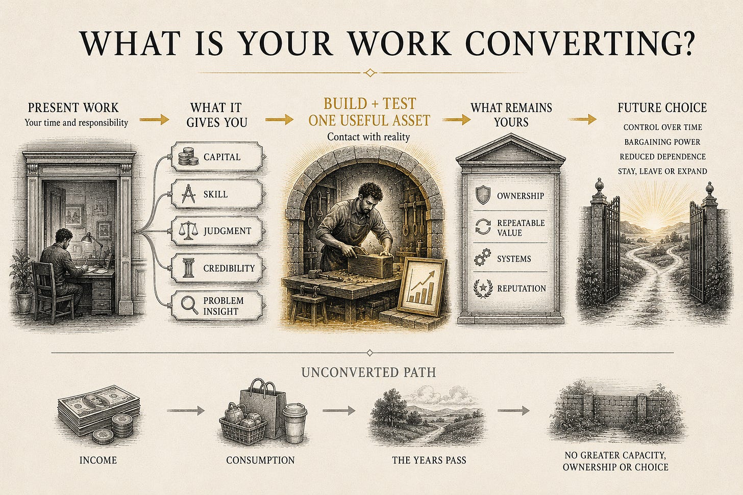 Process infographic titled “What Is Your Work Converting?” Present work produces capital, skill, judgment, credibility and problem insight. These are used to build and test one useful asset, creating ownership, repeatable value, systems and reputation, then greater control, bargaining power and choice. A lower path shows income being consumed as the years pass without greater capacity, ownership or choice.