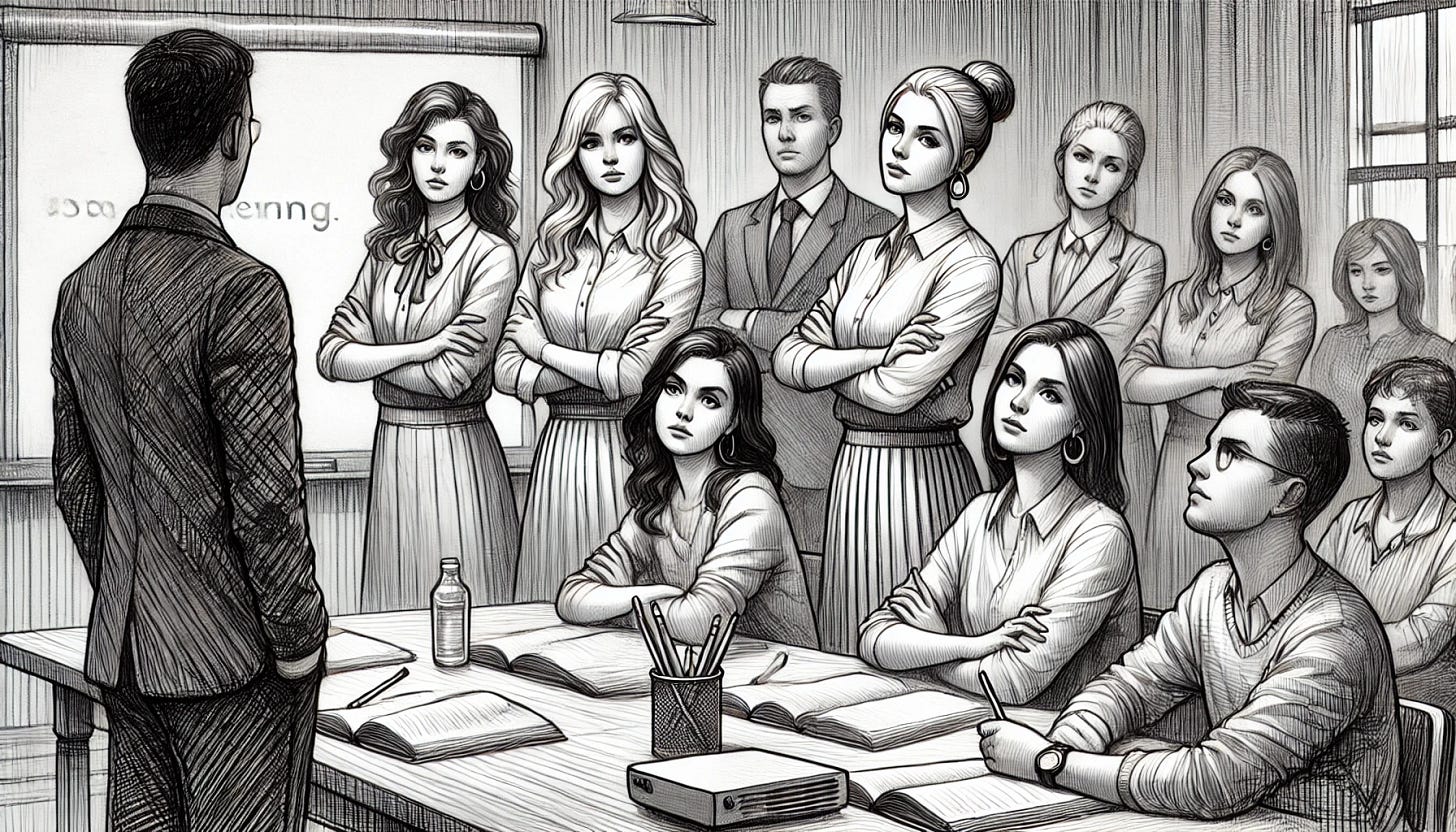 A pencil sketch of a tense school meeting featuring five female teachers and one male teacher. The teachers display skeptical and doubtful expressions, with some crossing their arms while others take notes. The school director, a woman in formal attire, stands near the presenter, looking concerned. The presenter, a confident figure, is addressing the group, gesturing towards a projector screen that is failing to load. The atmosphere in the room is serious, with a visible sense of resistance and hesitation among the teachers.