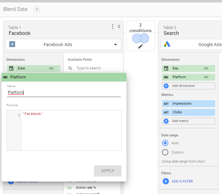 looker studio blend facebook ads google ads same table platform