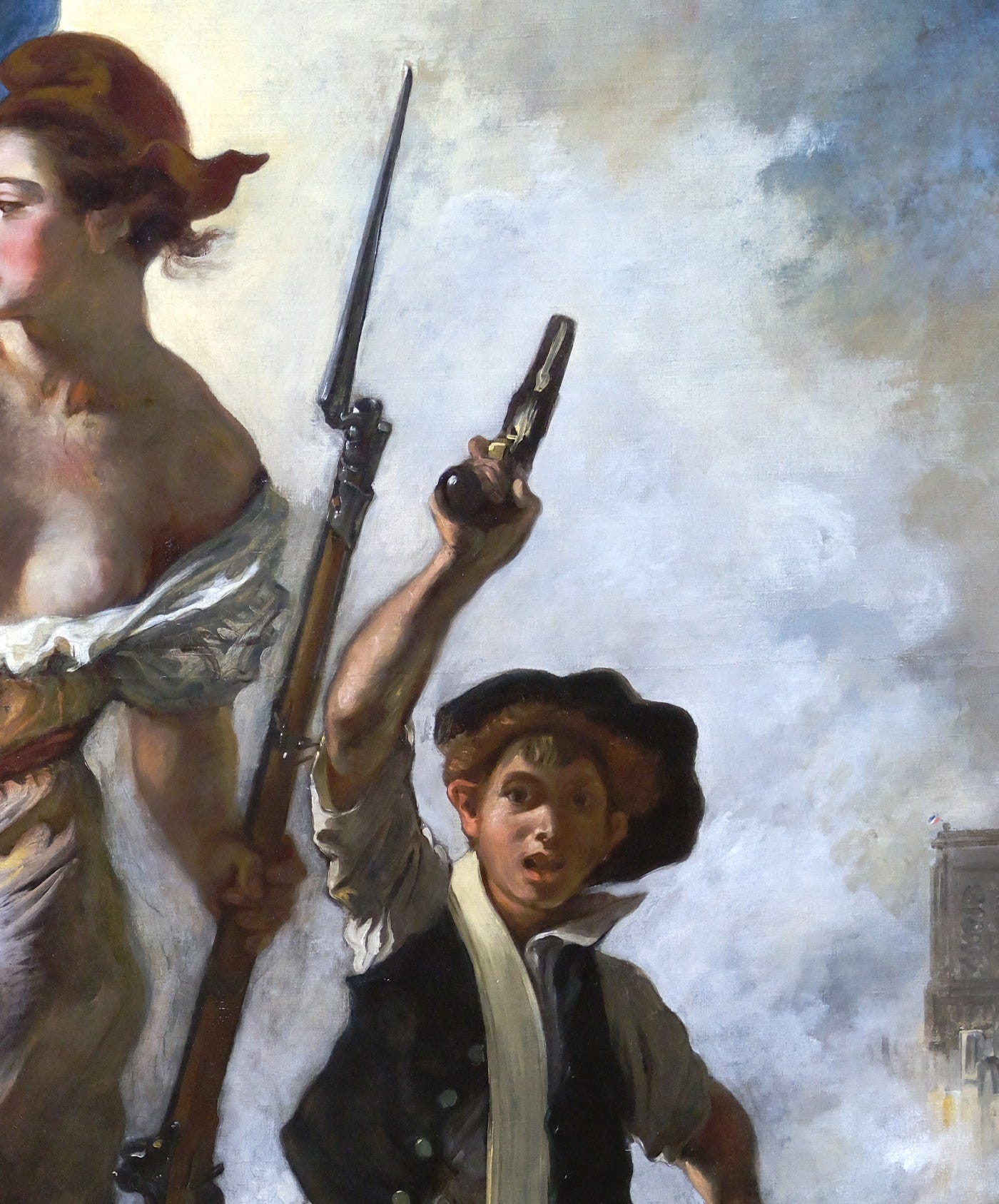 Detail showing Liberty holding a bayonet musket, with the boy holding two pistols beside her, in Delacroix's Liberty Leading the People.