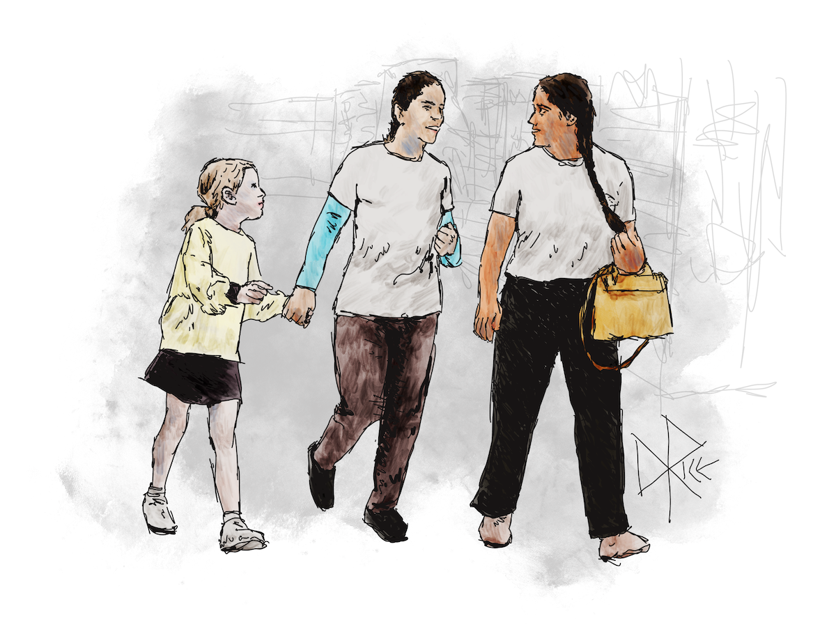 As they hold hands, a young girl attentively listens to a woman as they walk. The woman is talking to another woman who walks with them. Sketch art by Don Rice. As they hold hands, a young girl attentively listens to a woman as they walk. The woman is talking to another woman who walks with them. Sketch art by Don Rice.