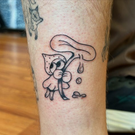 9 photos of tattoos i did this month. from top left to bottom right: a stuffed animal from item label called a peepy, a spiky chain link, a dog dragon, a starry sacred heart, a little guy holding a leaf, another chainlink with a dark black spiky background, another chain link, a brick with leaves growing out of it, and a spiral star on someones elbow (ouch!)