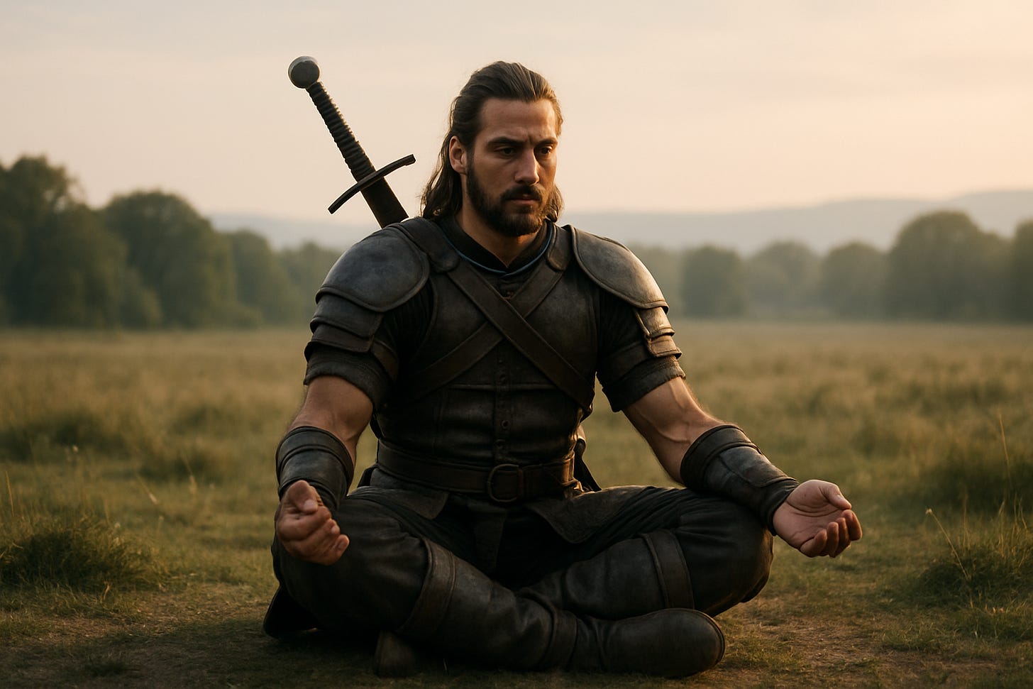 A warrior with a sword sheathed on his back sitting in a calm yoga pose. A warrior with a sword sheathed on his back sitting in a calm yoga pose.