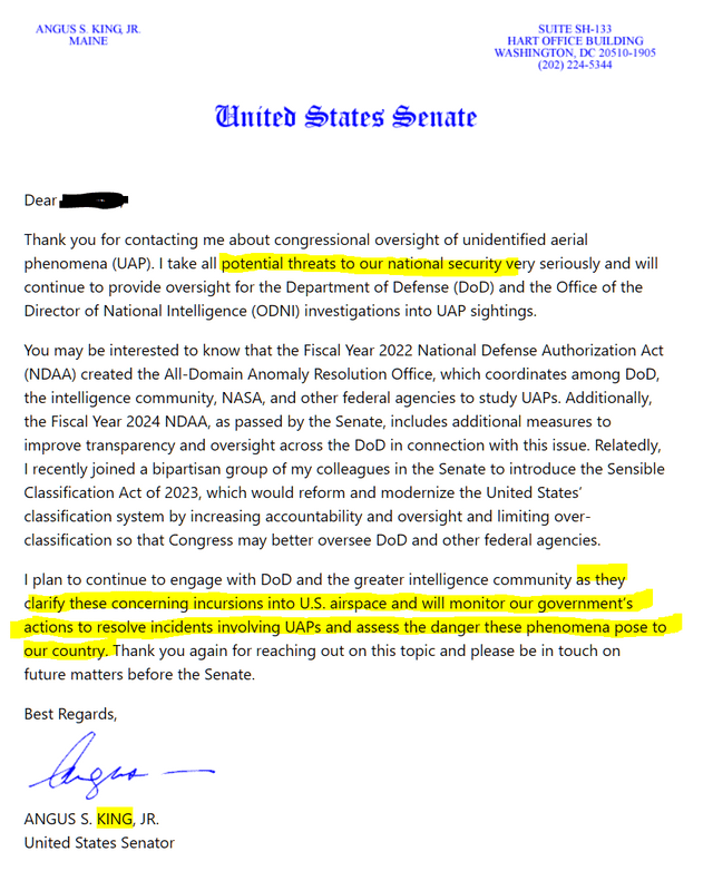 r/UFOs - Angus King, I-ME response