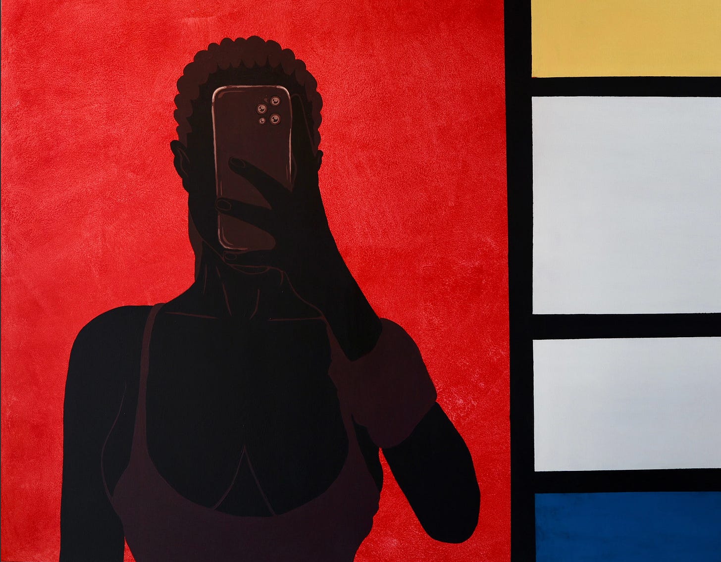 Graphic painting of a silhouetted figure holding up a phone against a red background, with a Mondrian-like grid of color blocks on the right. Graphic painting of a silhouetted figure holding up a phone against a red background, with a Mondrian-like grid of color blocks on the right.
