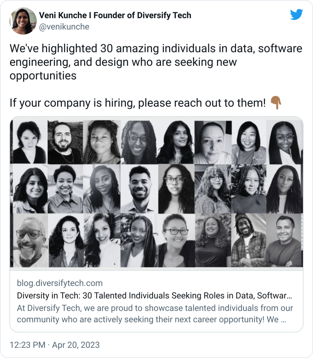 Veni Kunche I Founder of Diversify Tech @venikunche We've highlighted 30 amazing individuals in data, software engineering, and design who are seeking new opportunities If your company is hiring, please reach out to them! 👇🏾 Veni Kunche I Founder of Diversify Tech @venikunche We've highlighted 30 amazing individuals in data, software engineering, and design who are seeking new opportunities If your company is hiring, please reach out to them! 👇🏾