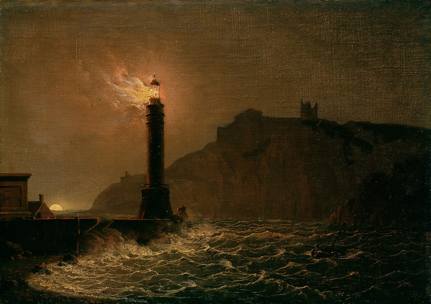 A lighthouse on fire at night by Joseph Wright of Derby