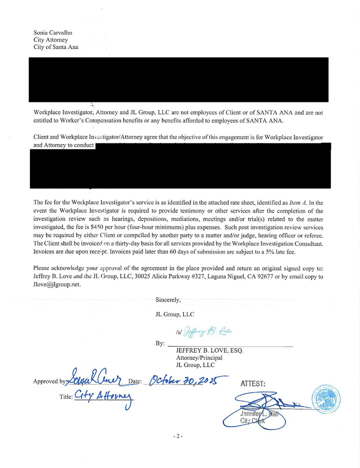 The redacted letter agreement between the city and JL Group. Credit: City of Santa Ana