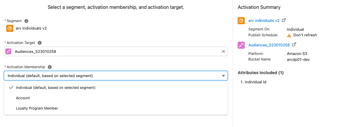 Screen for selecting a different object for your Activation Membership