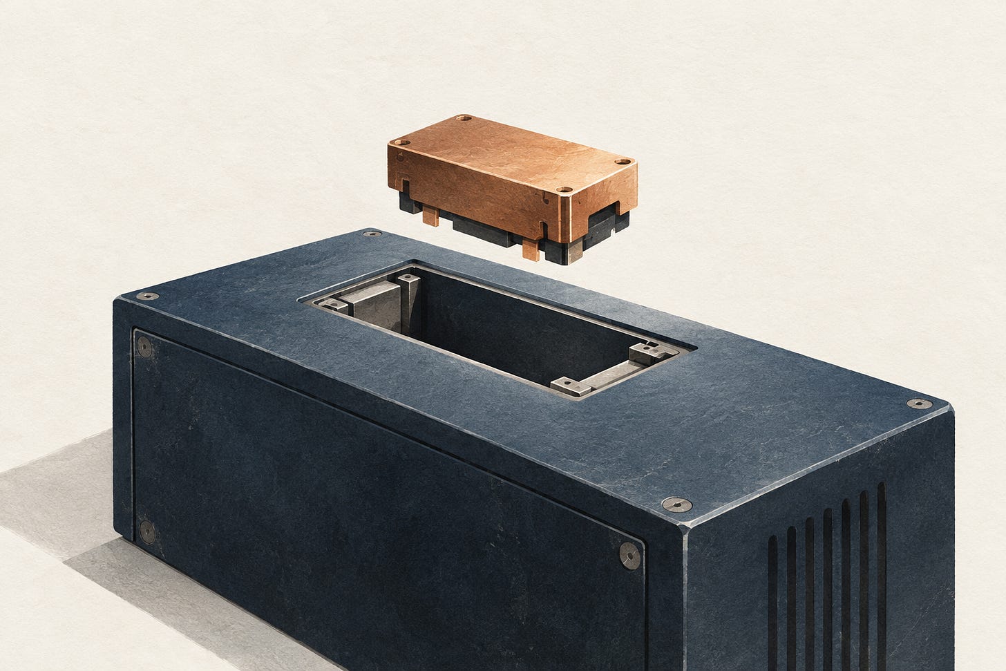Conceptual illustration of a small copper module above an opening in a larger navy instrument housing. Conceptual illustration of a small copper module above an opening in a larger navy instrument housing.