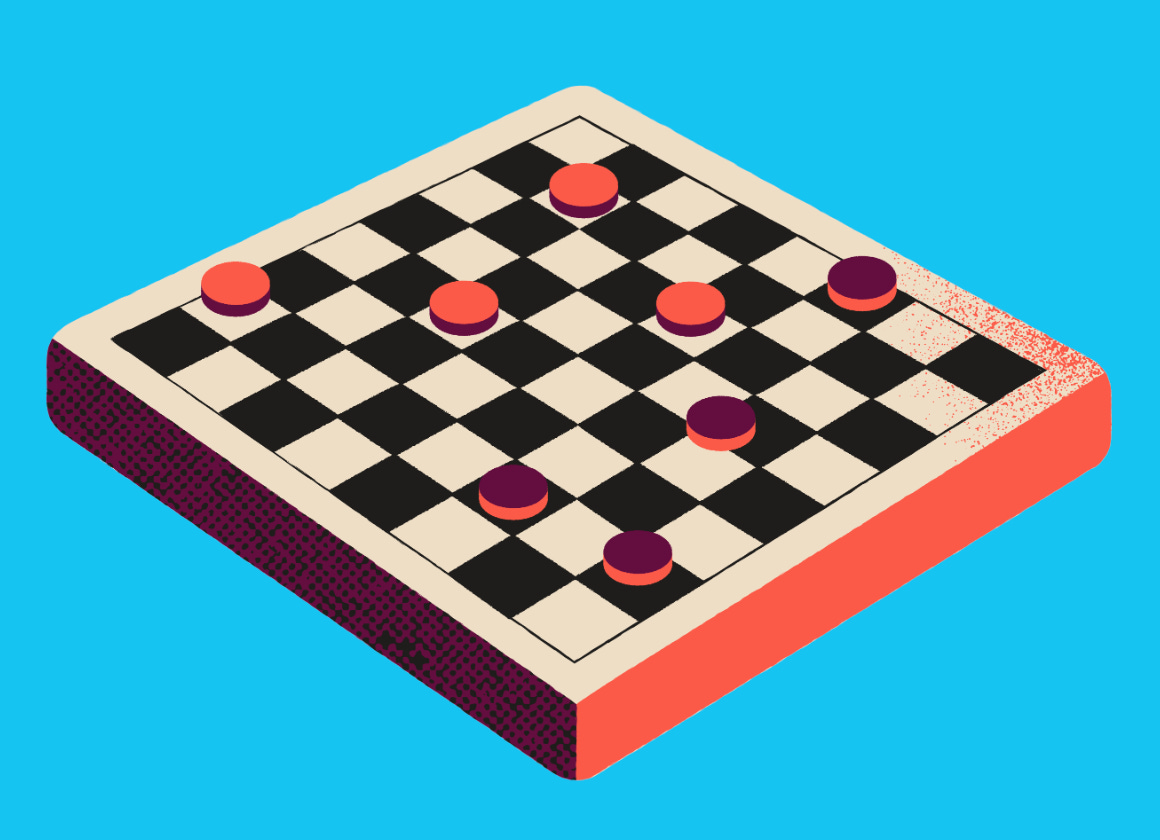 checkerboard mid game on blue background