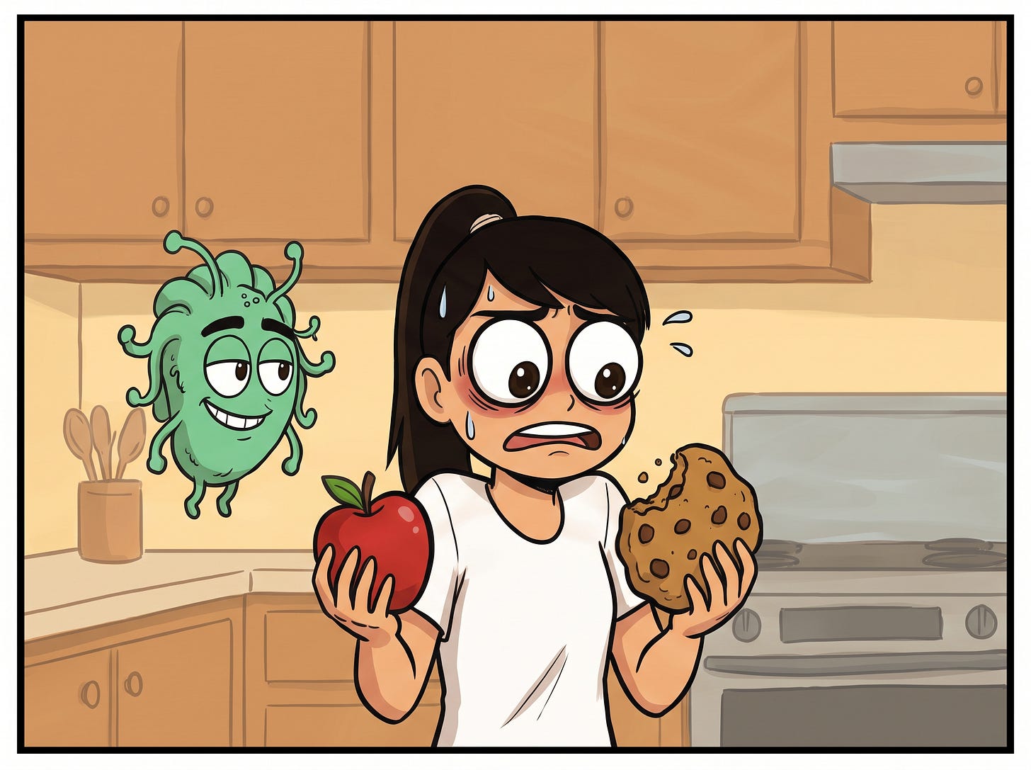 Zara stands in the kitchen holding an apple in one hand and a cookie in the other as Omie looks on.