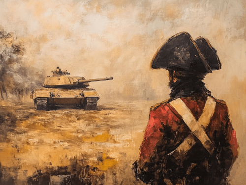 An image of a 18th century solider staring at a tank. An image of a 18th century solider staring at a tank.