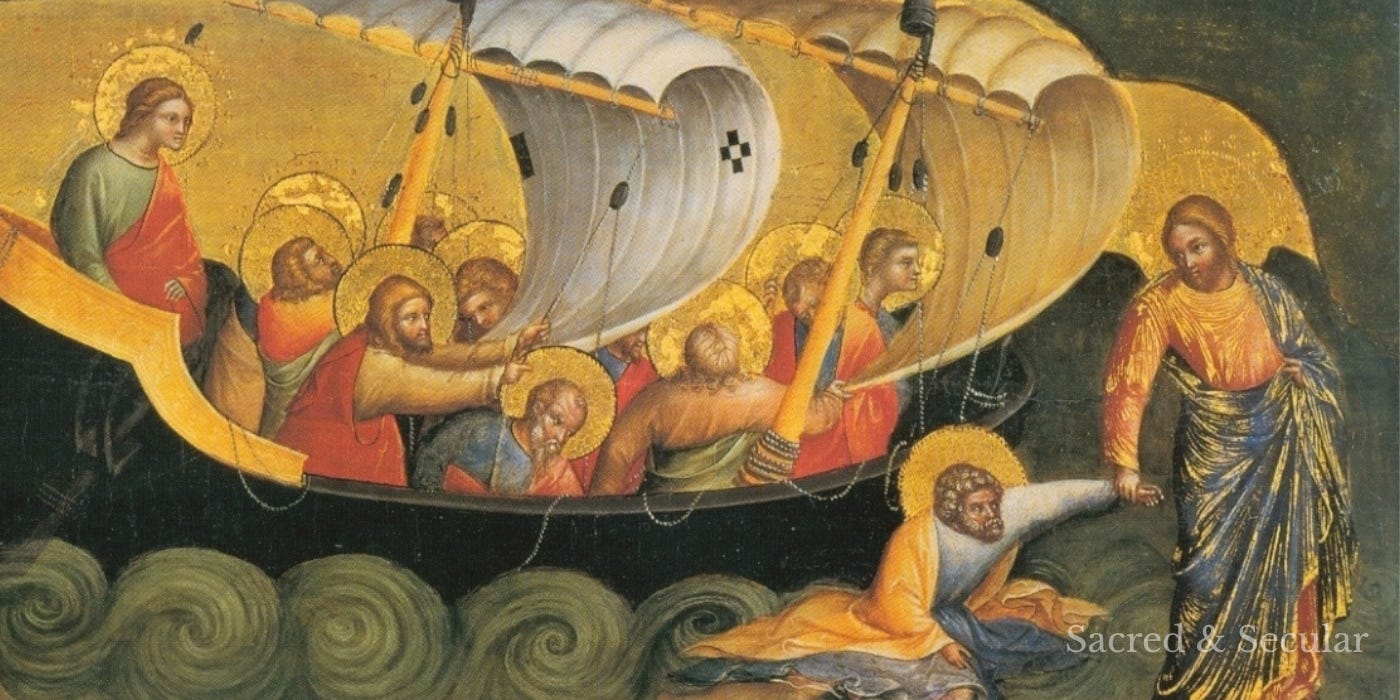 A classical painting of Peter stepping out of a boat onto rough water as Jesus stands ahead, with waves and wind surrounding them.