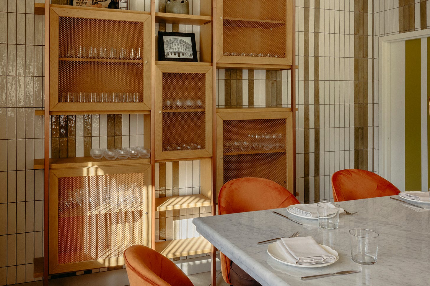 Interior of Lapaba with wood shelves and a stone counter. Interior of Lapaba with wood shelves and a stone counter.