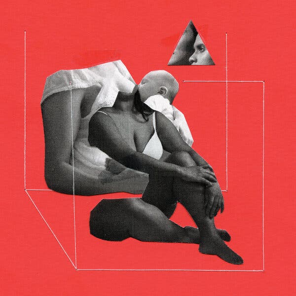 A photo illustration of two headless women, as if cut out from a magazine, inside a minimalist 3D drawing of a box with an open top. One woman is in lingerie, while the other is breastfeeding a baby.