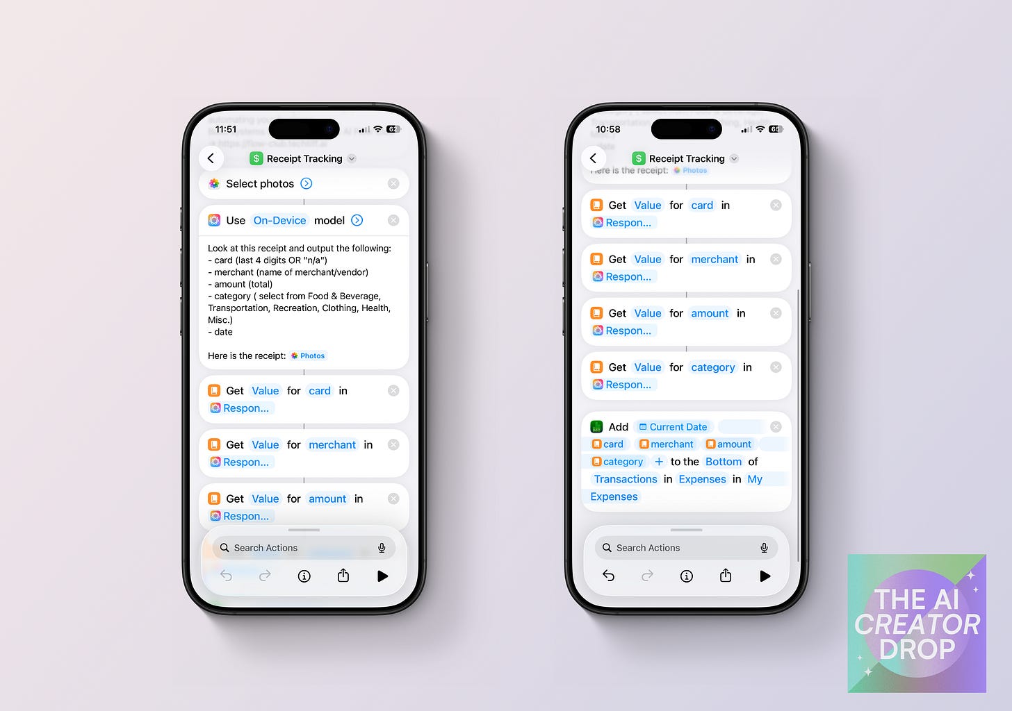 Two iPhone screens displaying a Receipt Tracking shortcut in Apple Shortcuts. The workflow uses an on-device AI model to analyze receipt photos, extract transaction details, and append them as a new row in a Numbers expense tracker. Two iPhone screens displaying a Receipt Tracking shortcut in Apple Shortcuts. The workflow uses an on-device AI model to analyze receipt photos, extract transaction details, and append them as a new row in a Numbers expense tracker.