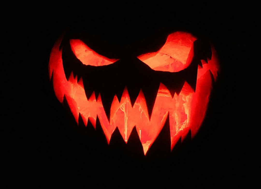 a lit up jack o lantern in the dark
