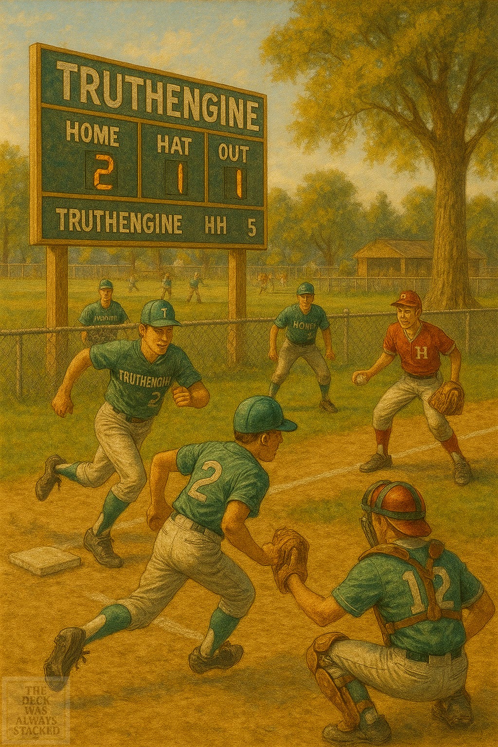 A warm, nostalgic baseball field at sunset with players and parents, highlighting small-town American innocence.