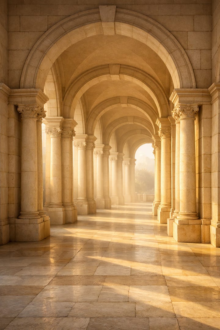 Sunlit stone colonnade with repeating arches, symbolizing sacred containment and structural integrity.
