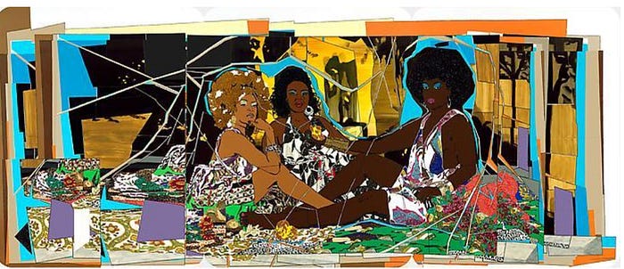 collage artwork, colorful of three women sitting facing viewers collage artwork, colorful of three women sitting facing viewers
