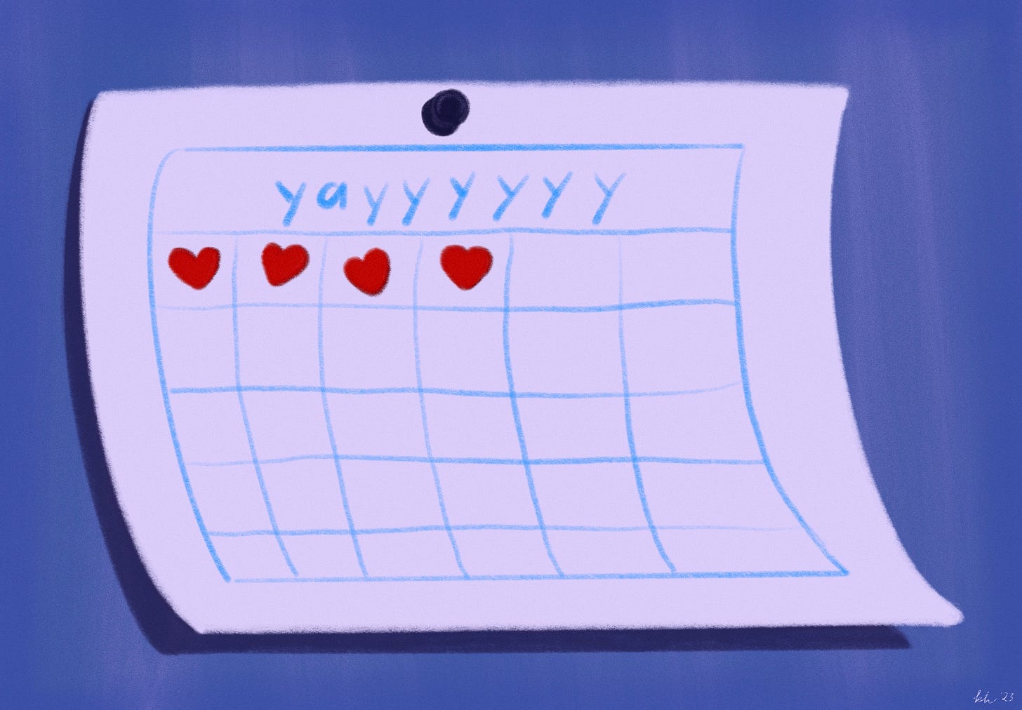 Illustration of a hand-drawn sticker chart tacked to the wall. The chart has six columns and five rows of boxes. Four boxes in the top row are filled with red heart stickers. A label at the top of the chart reads “yayyyyy” 