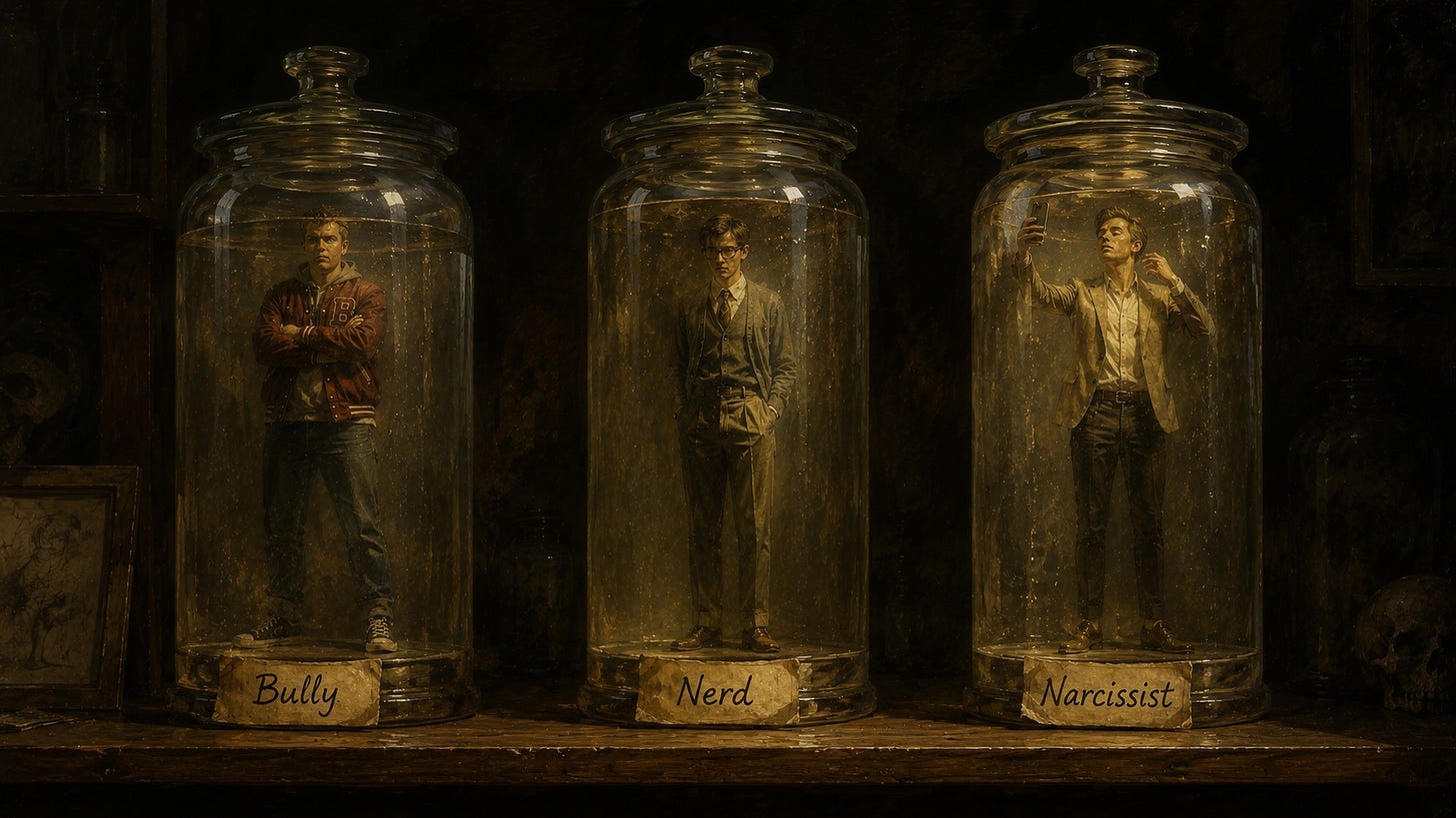 Three large glass specimen jars stand on a dark wooden shelf in a dimly lit study. Inside each jar, suspended in faintly clouded preserving fluid, stands a solitary human figure representing a social stereotype. The jars are labelled in aged handwritten script: “Bully,” “Nerd,” and “Narcissist.” Warm amber light falls across the glass and figures while the surrounding room recedes into deep shadow. The scene resembles a natural history collection, rendered in a painterly style with a quiet, melancholy atmosphere. Three large glass specimen jars stand on a dark wooden shelf in a dimly lit study. Inside each jar, suspended in faintly clouded preserving fluid, stands a solitary human figure representing a social stereotype. The jars are labelled in aged handwritten script: “Bully,” “Nerd,” and “Narcissist.” Warm amber light falls across the glass and figures while the surrounding room recedes into deep shadow. The scene resembles a natural history collection, rendered in a painterly style with a quiet, melancholy atmosphere.