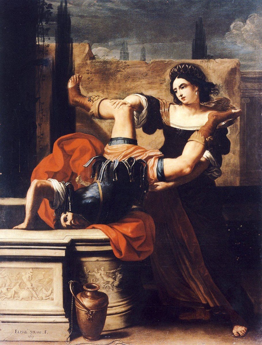 A seventeenth century painting by Elisabetta Sirani depicting an ancient European scene of a woman in wearing a flowing black dress clasping a soldier with red cloak by his splayed legs and tipping him head first into a well. The violence of the scene contradicts the serenity and poise with which this woman is going about her grisly task, which makes you wonder what happened previously for her to do this.
